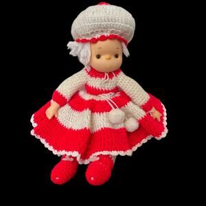 Vintage Ice Cream Doll Large Crocheted Red White Dress 1980s Toy 22" FLAW